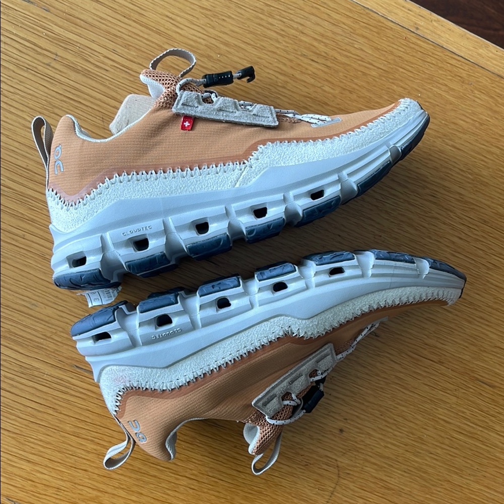 On Tan and White Athletic Sneakers